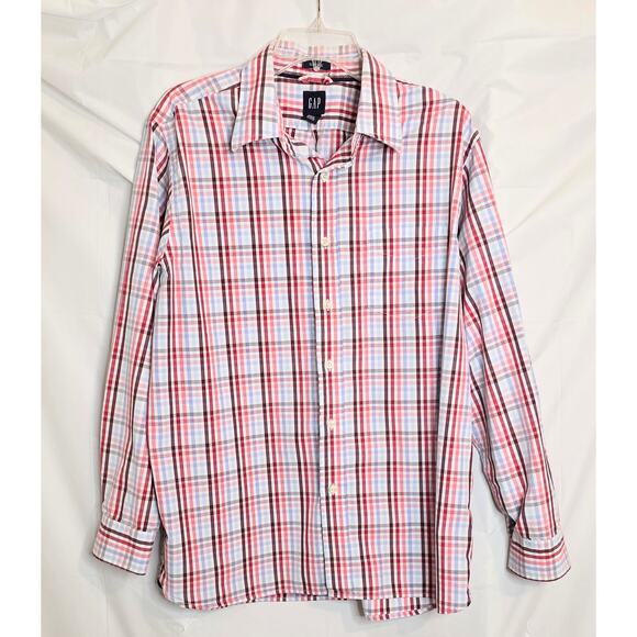 Gap Button Up Shirt Men's L (15-15 1/2) Long Sleeve Red White Blue Plaid Y2K - Picture 1 of 6